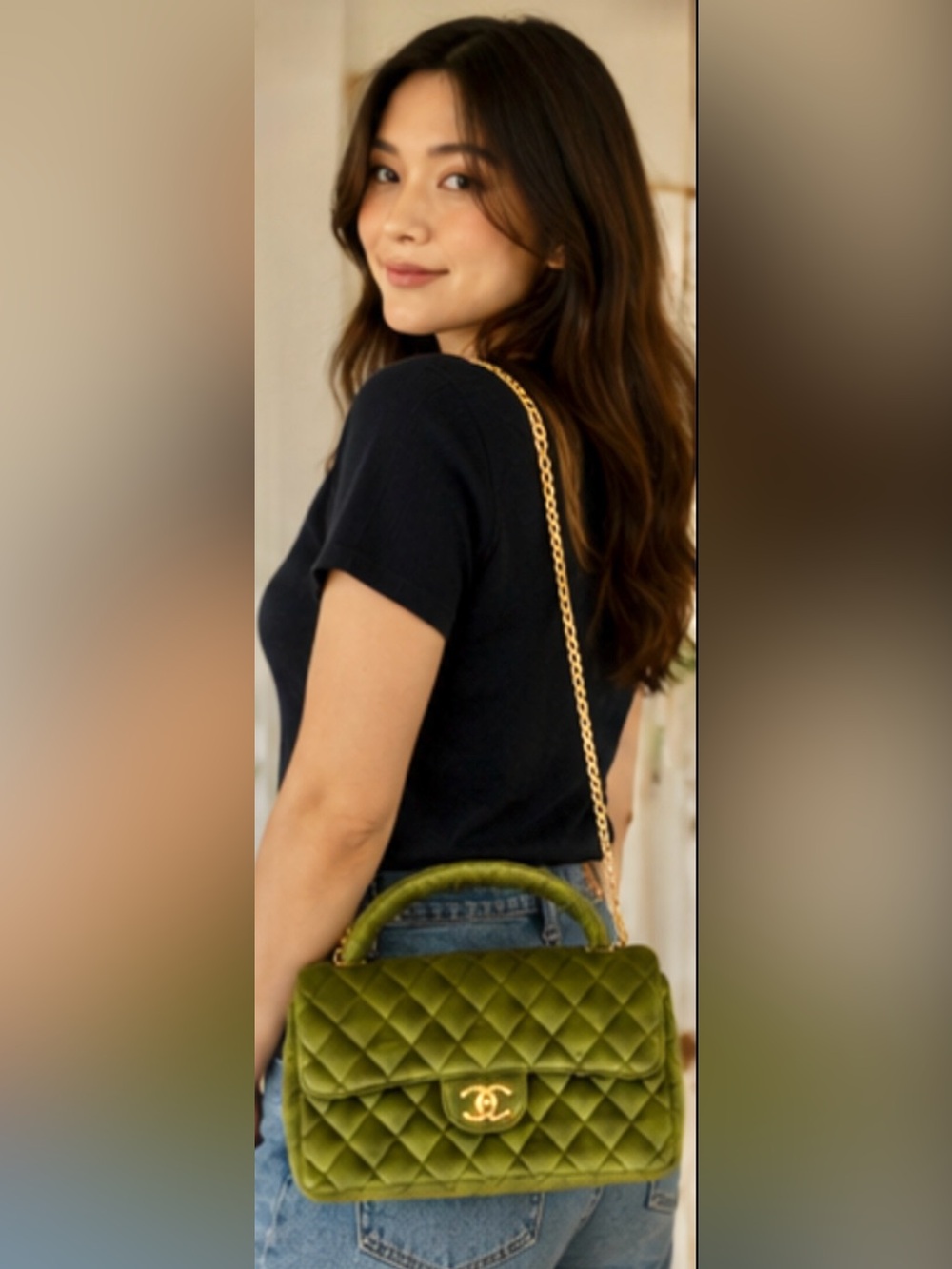 Unbranded Cha-nel Quilted Top-Handle Flap Bag in Olive Green with insert & strap